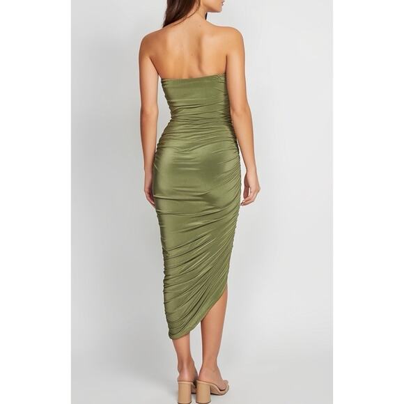 Norma Kamali Strapless Diana Ruched Dress Stretch Midi Olive Green Size XL - Picture 3 of 13